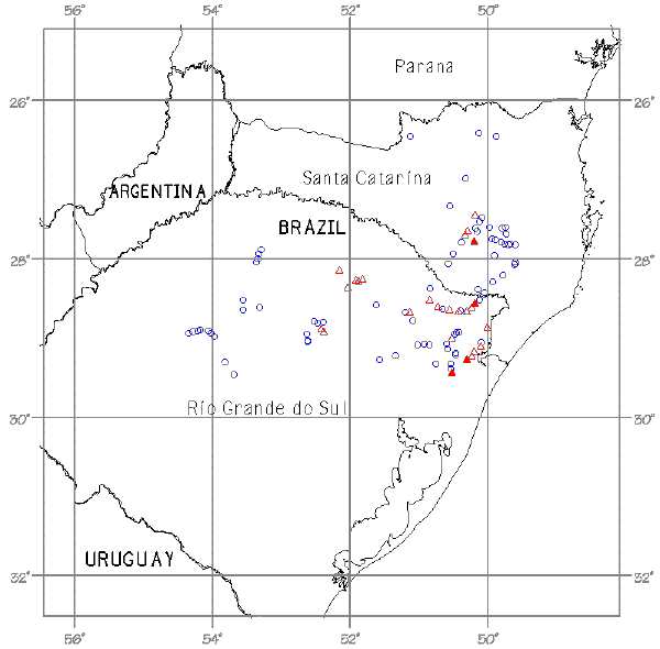 Petunia altiplana 葉緑体DNAの200塩基欠失群落の分布 ブラジル・サンタカタリーナ州とリオグランデドスル州産 Petunia altiplana の野生群落で、葉緑体DNAに200塩基の欠失をもつ群落と正常な群落の分布を示しています。